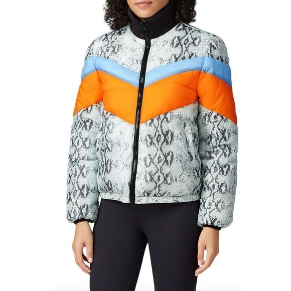 Central Park West Wesley Snakeskin Striped Print Puffer Coat Gray White Medium - Picture 1 of 6